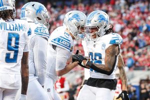 Jan 28, 2024 ~ Detroit Lions running back Jahmyr Gibbs celebrates a touchdown against the San Francisco 49ers with quarterback Jared Goff during the first half of the NFC Championship Game at Levi‘s Stadium in Santa Clara, California. Photo: Junfu Han ~ USA Today Network