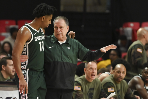 Jan 21, 2024 ~ Michigan State Spartans head coach Tom Izzo speaks with Mguard A.J. Hoggard (11) during a time out in the first half against the Maryland Terrapins at Xfinity Center. Photo: Tommy Gilligan ~ USA TODAY Sports