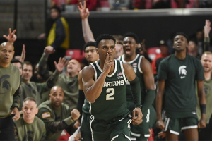 Jan 21, 2024 ~ Michigan State Spartans guard Tyson Walker (2) reacts after making the eventual game winning basket during the second half against the Maryland Terrapins at Xfinity Center. Photo: Tommy Gilligan ~ USA TODAY Sports