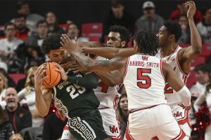 Jan 21, 2024 ~ Maryland Terrapins defender collapses on Michigan State Spartans forward Malik Hall (25) during the second half at Xfinity Center. Photo: Tommy Gilligan ~ USA TODAY Sports