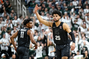 Feb. 10, 2024 ~ Michigan State‘s Malik Hall celebrates his three-pointer against Illinois during the first half on Saturday at the Breslin Center in East Lansing. Photo: Nick King ~ USA TODAY NETWORK