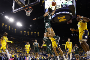 Feb 17, 2024 ~ Michigan State Spartans forward Malik Hall dunks in the second half against the Michigan Wolverines at the Crisler Center. Photo: Rick Osentoski ~ USA TODAY Sports