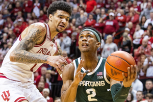 March 10, 2024 ~ Michigan State Spartans guard Tyson Walker shoots the ball while Indiana Hoosiers center Kel'el Ware defends in the second half at Simon Skjodt Assembly Hall. Photo: Trevor Ruszkowski ~ USA TODAY Sports