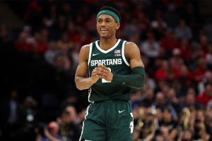 March 15, 2024 ~ Michigan State Spartans guard Tyson Walker reacts to a missed basket against the Purdue Boilermakers during the second half at Target Center. Photo: Matt Krohn ~ USA TODAY Sports