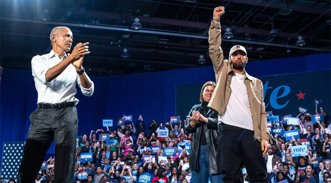 Obama, Eminem Makes Detroit Campaign Stop for Harris