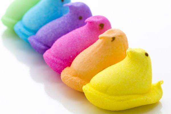 Rainbow color marshmallow peeps and jelly beans.