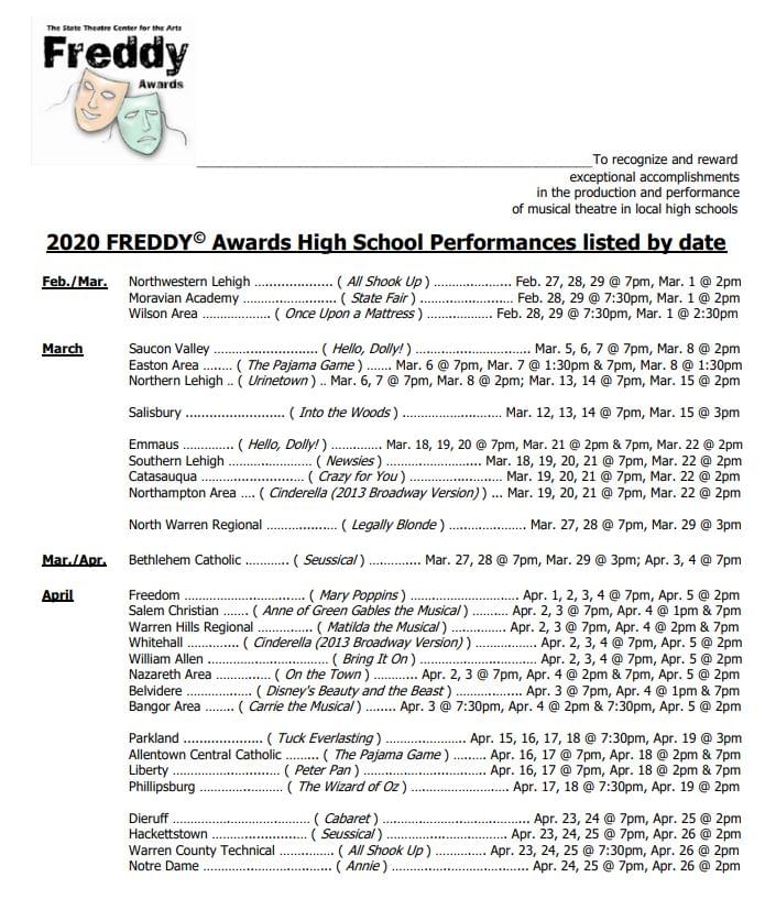 State Theatre 2025 Freddy Awards High School Musical Calendar