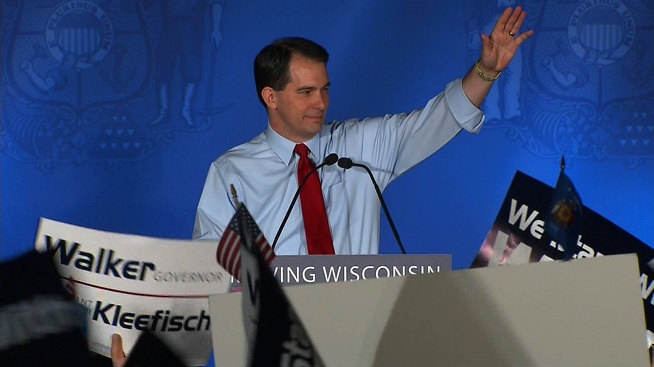 Wisconsin Gov. Scott Walker gives his gubernatorial victory speech on Tuesday, June 5, 2012. Walker successfully overcame a recall vote that would have stripped him of his job.