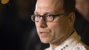 Prince Georges County police chief Henry P. Stawinski speaks about the murder of Jacai Colson, during a news conference at Prince George's County Hospital Center, on Sunday, March 13, 2016, in Cheverly, Md. Colson, a four-year veteran of the force was shot outside the District III police station. (AP Photo/Evan Vucci)