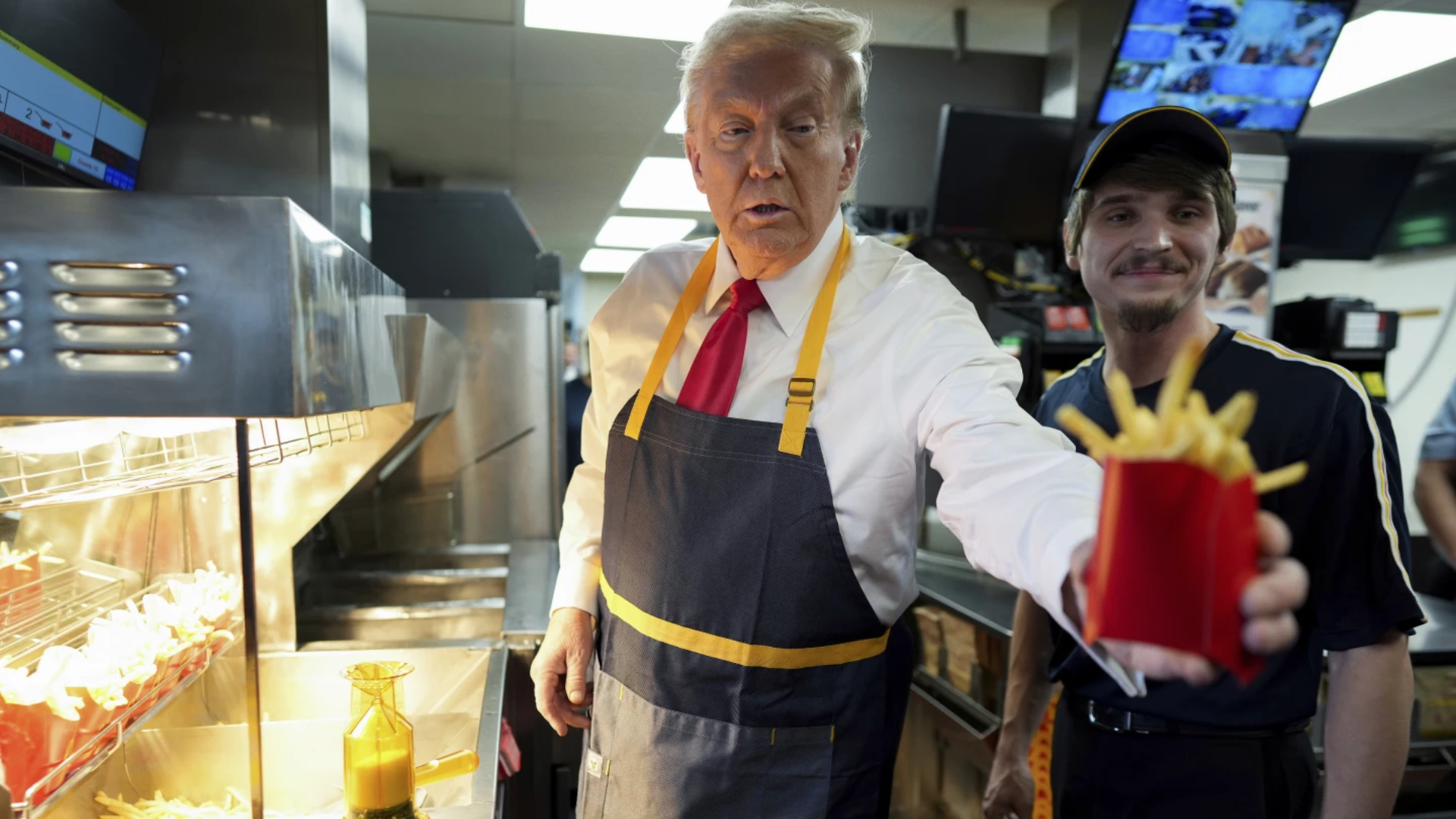 Trump works the fry station and holds a drive-thru news conference at a Pennsylvania McDonald’s