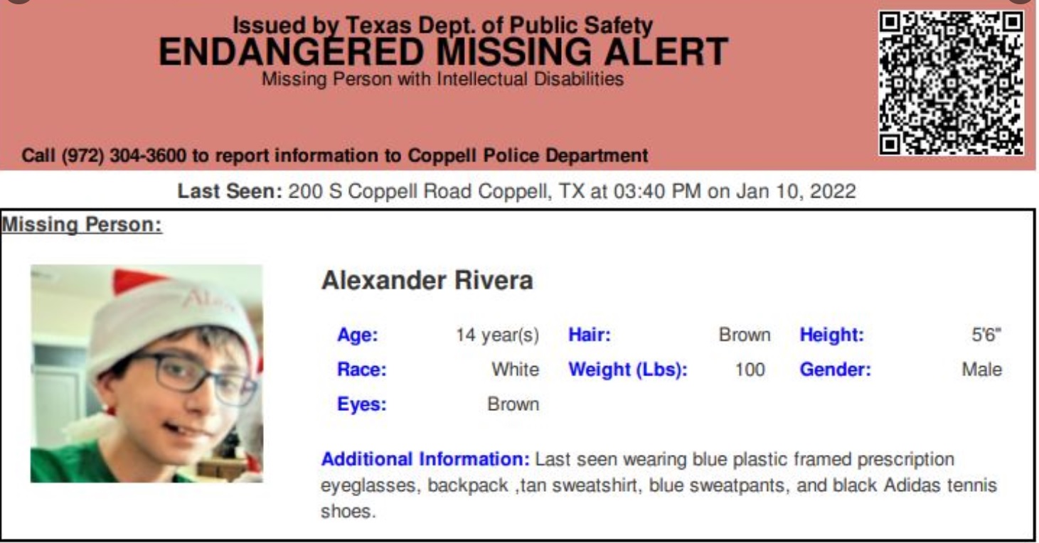 DISCONTINUED – Coppell: Endangered Missing Person Alert for 14-Year Old Alexander Rivera