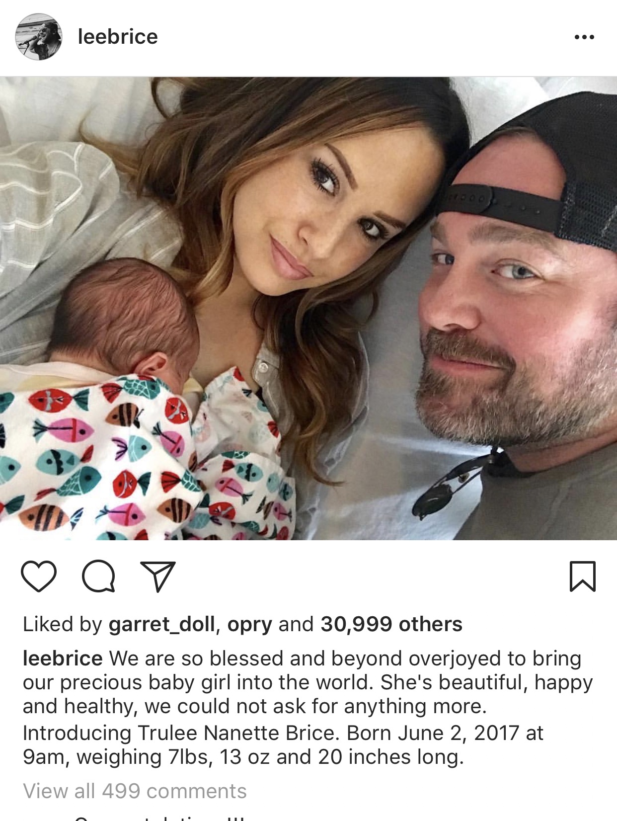 Lee Brice and Wife Sara Welcome Baby Girl, Trulee Nanette