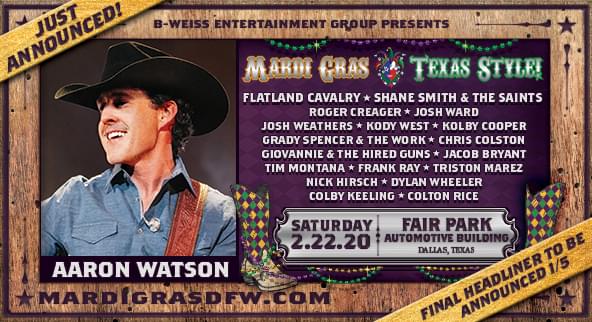 JUST ANNOUNCED: Aaron Watson at Wolf Mardi Gras Texas Style 2020!