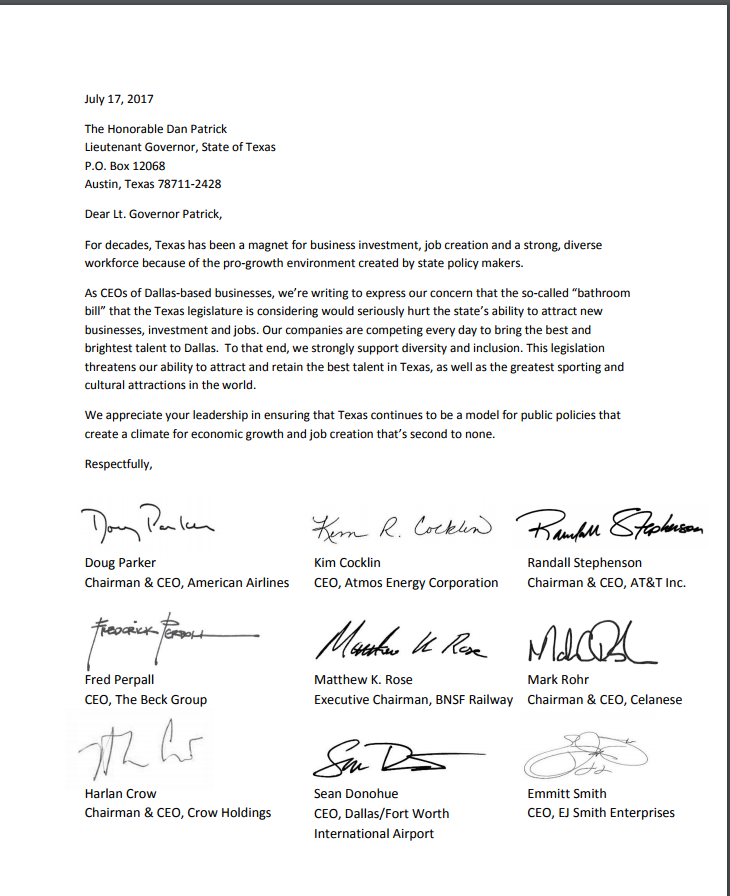 Dallas Fort-Worth Business Owners Write Letter to State Lawmakers Regarding Bathroom Bill