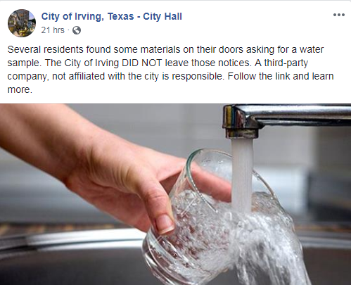 City of Irving Warning Residents About Fake Water Test Notices