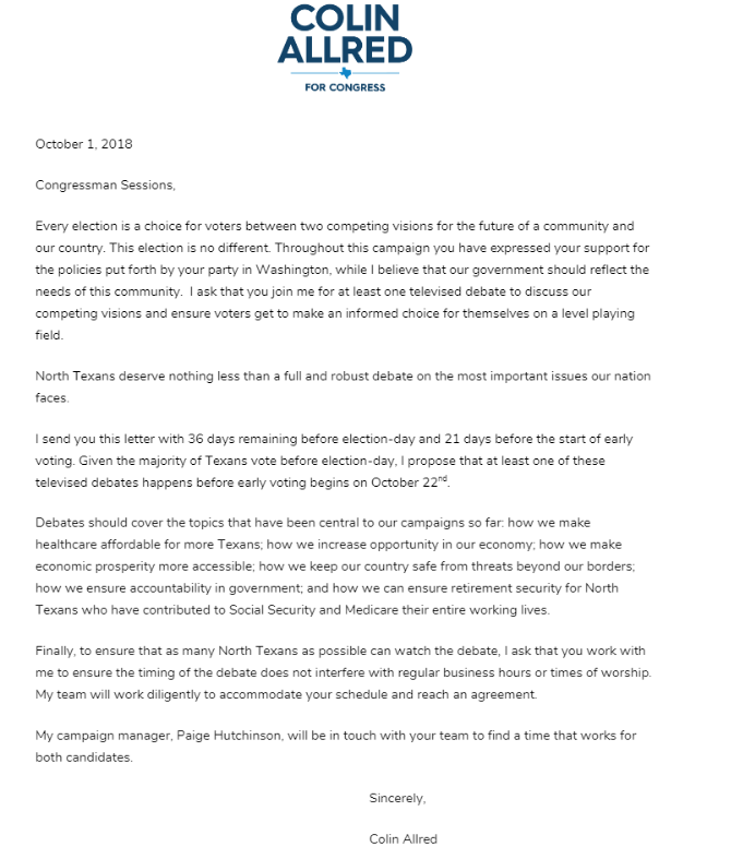 Allred Asks Sessions for Televised Debate in Congressional Race