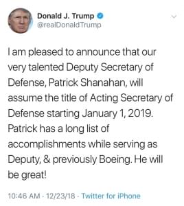 Trump Tweets: Patrick Shanahan to be acting secretary of defense as of Jan. 1