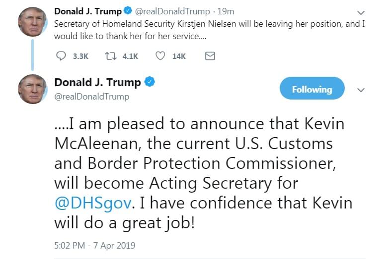 Homeland Security Secretary Kirstjen Nielsen Out, U.S. Customs and Border Protection Commissioner Kevin McAleenan In