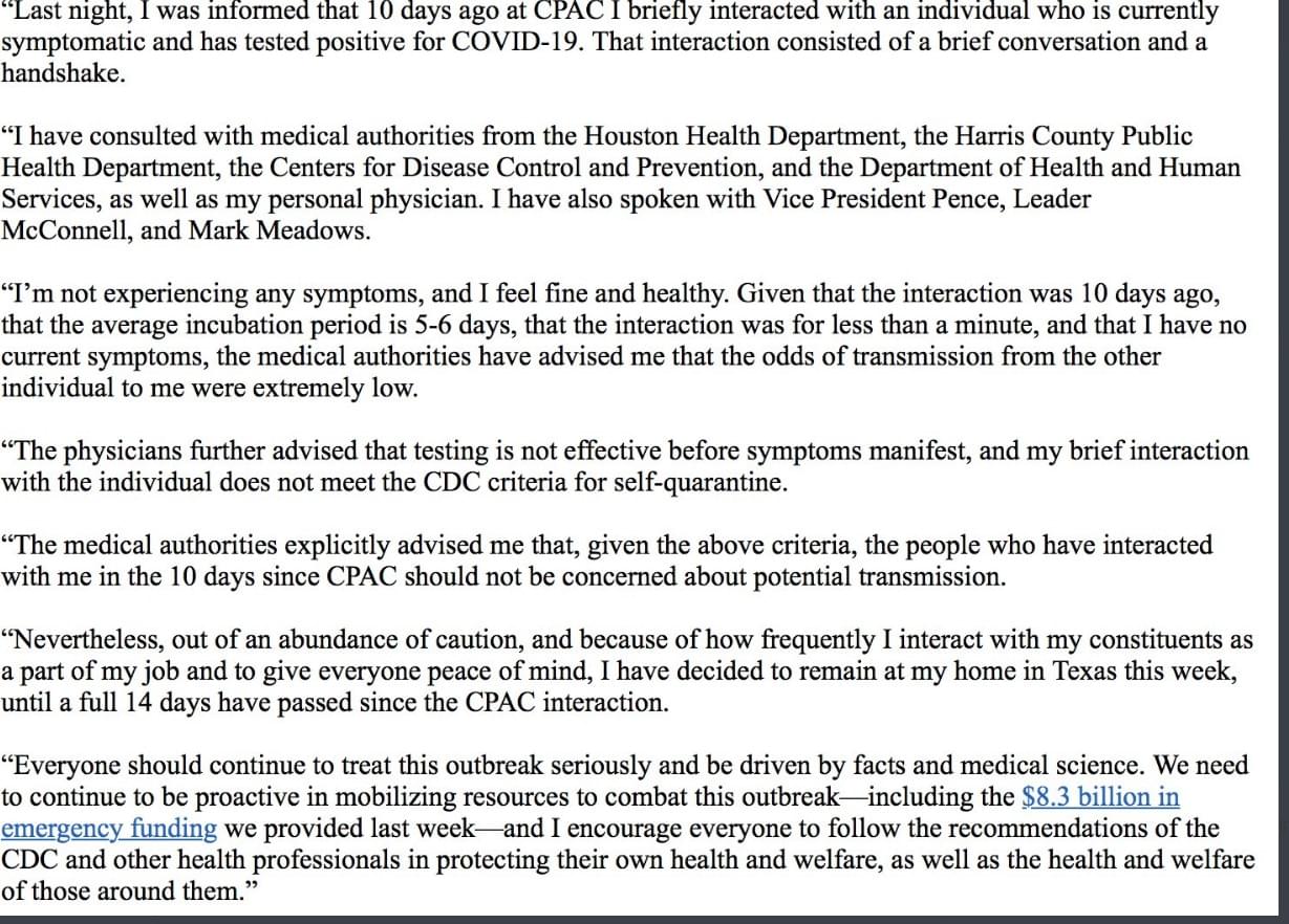 Republican Congressman Ted Cruz Says He Interacted With Someone Who Tested Positive for COVID-19 Virus