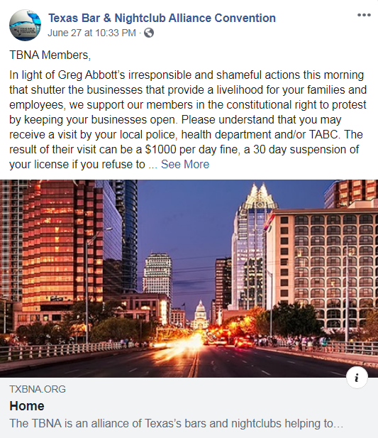 Texas Bar and Nightclub Alliance to Sue State Over Governor Abbott’s Recent COVID-19 Shut Down Order