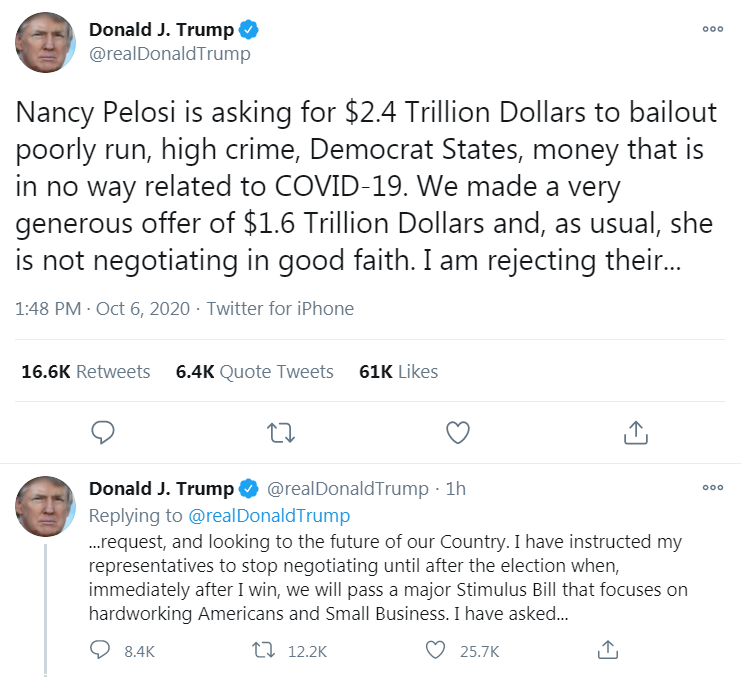 In Tweet, Trump Calls Off Stimulus Negotiations