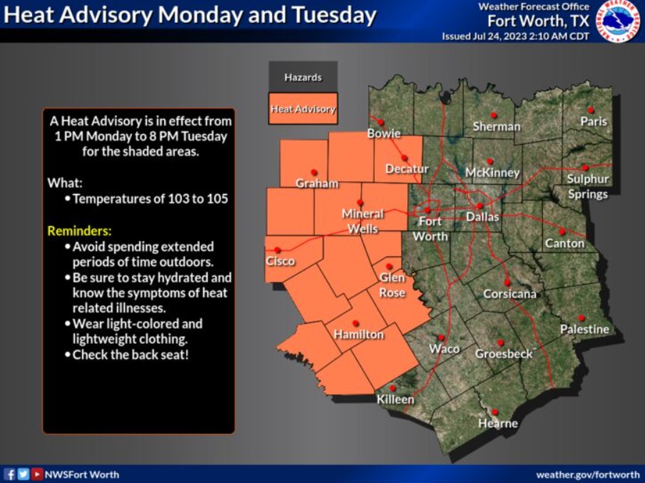 Heat Advisory From 1PM Monday through 8 PM Tuesday West of FTW; High Up to 105