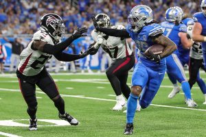 Sept. 24, 2023 ~ Detroit Lions running back Jahmyr Gibbs runs against Atlanta Falcons safety Richie Grant during the second half at Ford Field in Detroit. The lions went on to defeat the Falcons 20-6. Photo: Junfu Han ~ USA TODAY NETWORK