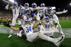 September 28, 2023 ~ Detroit Lions cornerback Jerry Jacobs celebrates with teammates after intercepting a pass against the Green Bay Packers during their game at Lambeau Field in Green Bay. The Lions went on to defeat the Packers 34-20. Photo: Dan Powers ~ USA TODAY NETWORK