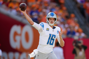 Oct. 15, 2023 ~ Detroit Lions quarterback Jared Goff (16) drops back to pass against the Tampa Bay Buccaneers in the second quarter at Raymond James Stadium. Photo: Nathan Ray Seebeck ~ USA TODAY Sports