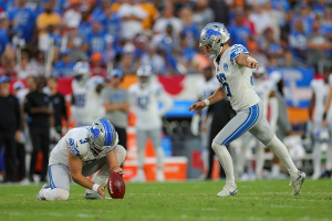 Oct. 15, 2023 ~ Detroit Lions place kicker Riley Patterson (36) kicks a field goal held by punter Jack Fox (3) against the Tampa Bay Buccaneers in the fourth quarter at Raymond James Stadium. Photo: Nathan Ray Seebeck ~ USA TODAY Sports