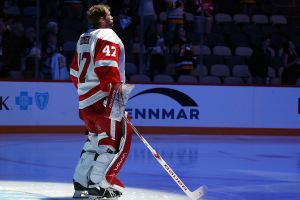 Oct. 4, 2023 ~ Detroit Red Wings goaltender James Reimer (47) stands for the national anthem against the Pittsburgh Penguins at PPG Paints Arena. Photo: Charles LeClaire ~ USA TODAY Sports