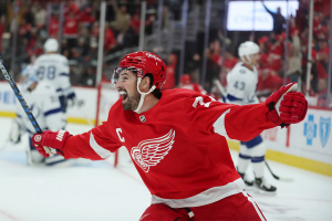 Oct. 14, 2023 ~ Detroit Red Wings Captain Dylan Larkin celebrates a goal by right wing Alex DeBrincat against Tampa Bay Lightning goaltender Jonas Johansson during first-period action on Saturday. Photo: Kirthmon F. Dozier ~ USA TODAY Sports
