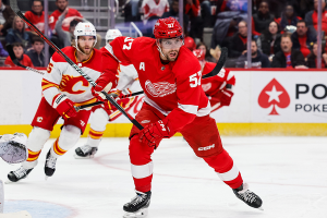 Oct. 22, 2023 ~ Detroit Red Wings left wing David Perron (57) skates on the ice in the second period against the Calgary Flames at Little Caesars Arena. Photo: Rick Osentoski ~ USA TODAY Sports