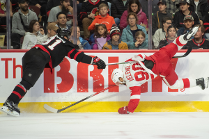 Oct. 21, 2023 ~ Detroit Red Wings center Joe Veleno (90) is checked by Ottawa Senators right wing Vladimir Tarasenko (91) in the first period at the Canadian Tire Centre. Photo: Marc DesRosiers ~ USA TODAY Sports