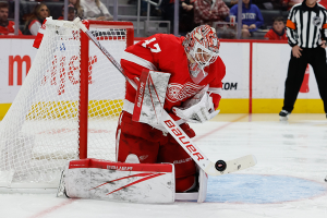 Oct. 22, 2023 ~ Detroit Red Wings goaltender James Reimer (47) makes the save in the third period against the Calgary Flames at Little Caesars Arena. Photo: Rick Osentoski ~ USA TODAY Sports