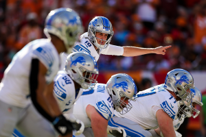 Oct. 15, 2023 ~ Detroit Lions quarterback Jared Goff calls a play at the line against the Tampa Bay Buccaneers in the second quarter at Raymond James Stadium. Photo: Nathan Ray Seebeck ~ USA TODAY Sports