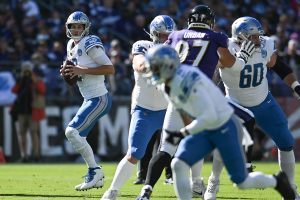 Oct. 22, 2023 ~ Detroit Lions quarterback Jared Goff (16) drops back to pass during the first half against the Baltimore Ravens at M&T Bank Stadium. Photo: Tommy Gilligan ~ USA TODAY Sports