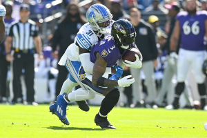 Oct. 22, 2023 ~ Baltimore Ravens wide receiver Odell Beckham Jr. (3) is tackles by Detroit Lions safety Kerby Joseph (31) during the first half at M&T Bank Stadium. Photo: Tommy Gilligan ~ USA TODAY Sports