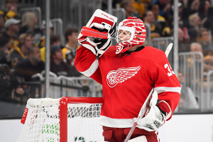 Oct. 26, 2023 ~ Detroit Red Wings goaltender Ville Husso (35) takes a drink during the third period against the Boston Bruins at TD Garden. Photo: Bob DeChiara ~ USA TODAY Sports