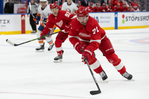 Oct. 30, 2023 ~ Detroit Red Wings center Dylan Larkin (71) controls the puck against the New York Islanders during the first period at UBS Arena. Photo: Thomas Salus ~ USA TODAY Sports