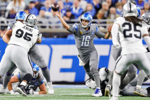 Oct. 30, 2023 ~ Detroit Lions quarterback Jared Goff passes against the Las Vegas Raiders during the second half at Ford Field. Photo: Junfu Han ~ USA TODAY NETWORK
