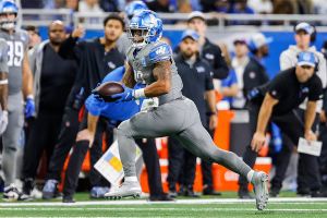 Oct. 30, 2023 ~ Detroit Lions running back Jahmyr Gibbs (26) runs against Las Vegas Raider during the second half at Ford Field. Photo: Junfu Han ~ USA TODAY NETWORK