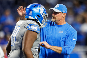 Oct. 30, 2023 ~ Lions coach Dan Campbell talks to defensive tackle Brodric Martin during warmups before the game against the Raiders. Photo: Junfu Han ~ USA TODAY NETWORK