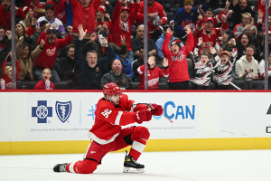 Nov. 4, 2023 ~ Detroit Red Wings defenseman Jake Walman (96) celebrates his goal during the second period against the Boston Bruins at Little Caesars Arena. Photo: Tim Fuller ~ USA TODAY Sports