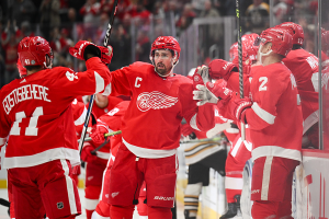 Nov. 4, 2023 ~ Detroit Red Wings center Dylan Larkin (71) celebrates his goal with teammates during the third period against the Boston Bruins at Little Caesars Arena. Photo: Tim Fuller ~ USA TODAY Sports