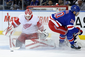 Nov. 7, 2023 ~ Detroit Red Wings goaltender Ville Husso (35) makes a save against New York Rangers left wing Chris Kreider (20) during the first period at Madison Square Garden. Photo: Brad Penner ~ USA TODAY Sports