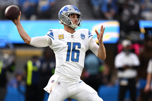 Nov. 12, 2023 ~ Detroit Lions quarterback Jared Goff (16) throws a pass against the Los Angeles Chargers during the first half at SoFi Stadium. Photo: Orlando Ramirez ~ USA TODAY Sports