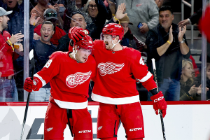Nov. 11, 2023 ~ Detroit Red Wings right wing Daniel Sprong (88) celebrates with defenseman Jeff Petry (46) after scoring against the Columbus Blue Jackets in the second period at Little Caesars Arena. Photo: Rick Osentoski ~ USA TODAY Sports