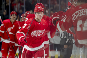 Nov. 11, 2023 ~ Detroit Red Wings left wing Lucas Raymond (23) celebrates with teammates after scoring against the Columbus Blue Jackets in the first period at Little Caesars Arena. Photo: Rick Osentoski ~ USA TODAY Sports