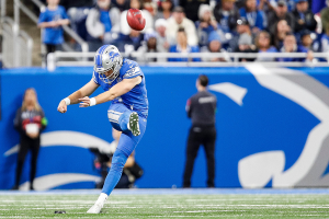 Nov. 19, 2023 ~ Detroit Lions punter Jack Fox kicks off against the Chicago Bears during the second half at Ford Field. Photo: Junfu Han ~ USA TODAY NETWORK